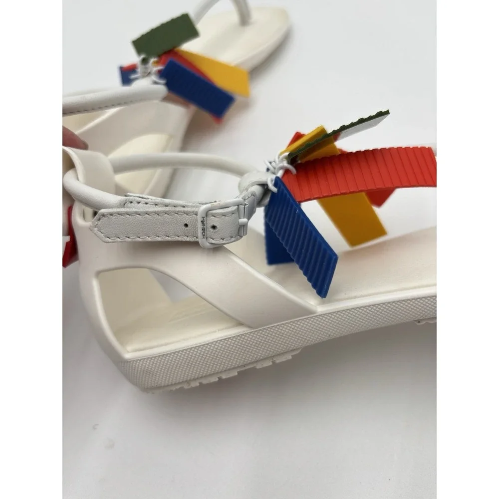 Hunter Original White T-Strap Sandals Rainbow Fringe Charms Women's US 6